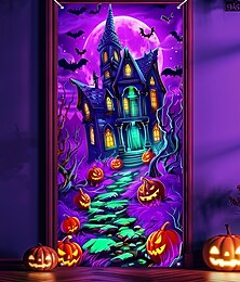 abordables -Couverture de Porte Halloween Néon Maison Hantée avec Bannière Pleine Lune Décoration Lumineuse d'Entrée pour l'Extérieur  l'Intérieur Chambre Salon Salle de Bains Halloween 2025