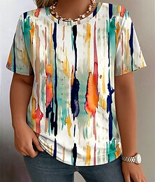 billige -Dame Pluss størrelse Topper T skjorte Grafisk Abstrakt Trykt mønster Kortermet Crew-hals Fritid Daglig Polyester Sommer Vår Hvit Blå
