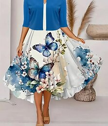 abordables -Femmes Robe Ensemble Robe trapèze Robe d'été Occasionnel Robes semi-formelles Fleuri Graphique Imprimé Robe Midi Manche Courte Col ras du cou Vacances Date Bleu Ciel Été Printemps Coupe régulière