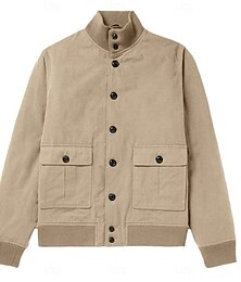 お買い得  -男性用 ボンバージャケット ワーク カジュアル 耐久 ポケット クラシック 春 秋 冬 純色 活発的 ヴィンテージ スタンド レギュラー ブラック カーキ色 アーミーグリーン ジャケット