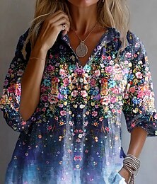 economico -Per donna Camicia Ombre Floreale Grafico Vintage Tropicale Quotidiano Manica Lunga Scollo a V Colletto a Camicia Top Regolari Lavoro Quotidiano Ferie Bottoni Stampato Blu marino Estate Primavera