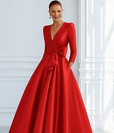 economico -Abito da Sera A-Line Elegante Ospite di Nozze Formale Lunghezza Piena Manica 3/4 Collo a V Con Tasche Stretch Satin con Fiocco(i)