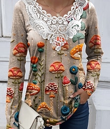 abordables -Blouse femme tunique à lacets épissures col en V à manches longues graphique floral plantes vintage décontractée col rond hauts impression quotidienne sortie week-end impression en dentelle blanche