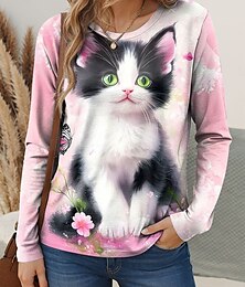 baratos -Mulheres Camiseta Floral Gráfico Gato Vintage à moda Clássico Manga Longa Gola Redonda Tops regulares Diário Final de semana Imprimir Rosa Azul Roxo Verde Primavera Outono