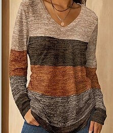 baratos -Mulheres Camiseta Floral Gráfico Plantas Vintage à moda Clássico Manga Longa Decote V Tops regulares Diário Para Noite Final de semana Imprimir Branco e Preto Preto Azul Marron Primavera Outono