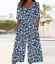 abordables -Femmes Normal Combinaison Streetwear Fleuri Manche Courte Jambe large Col en V Avec Poches Imprimé Rue Quotidien Coupe régulière Bleu Été
