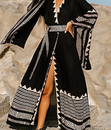 abordables -Robe longue femme Robe maxi Robe bohème Robe décontractée Robe trapèze Robe d'été Vintage Vacances Quotidien Plage Coupe classique Géométrique Manches 3/4 Col V Noir Été Printemps Automne