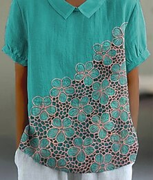 economico -Per donna Camicia Floreale Quotidiano Casual Manica Corta Colletto a Camicia Top Regolari Quotidiano Ferie Bottoni Stampato Blu Estate Primavera