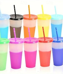 levne -10 ks kelímků s víčky a brčky, které mění barvu, opakovaně použitelné sklenice na studené nápoje o objemu 710 ml/24 oz, plastové kelímky s teplotním senzorem, vhodné pro venkovní použití, cestování,