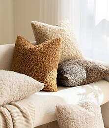 economico -Copricuscini in pile di peluche, copricuscini in sherpa morbido e spesso, tinta unita, stile nordico moderno per divano o camera da letto, federe decorative quadrate.