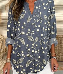 abordables -Femmes Chemise Fleuri Quotidien Occasionnel manche longue Col en V Hauts Réguliers Quotidien Fête Boutons Imprimé Gris Printemps Automne