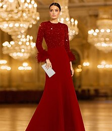 ieftine -Rochie de seară sirenă elegantă formală nuntă lungime până la podea mânecă lungă gât rotund crep elastic cu pene paiete