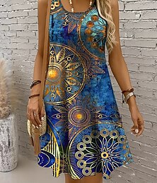 levne -Dámské Mini šaty Letní šaty Áčkové šaty prázdniny Na běžné nošení Cikánský Párty Dovolená Rande Běžný Grafika Geometrický Boho Paisley Damašek Bez rukávů Do U Kopeček Rubínově červená Vodní modr