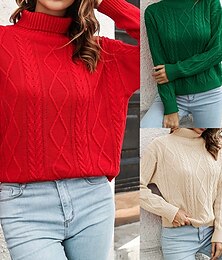 preiswerte -Damen Pullover Lässig Einfarbig Grobstrick Rollkragen Gestrickt Langarm Normale Oberteile Stricken Täglich Ferien Ausgehen Rote Grün Herbst Winter