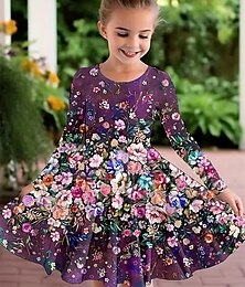 ieftine -Girls ' 3D Grafic Floare Rochie Manșon Lung Vară Primăvară Vacanță Zilnic Concediu Prințesă Frumoasa Dulce Copii 4-12 ani Rochie casual Rochie A line Lungime Genunchi Fit regulat