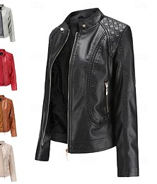 abordables -Mujer Chaqueta de cuero sintético Cómodo Bolsillo Full Zip Moda Estilo callejero Plano Exterior Casual Diario Regular Escote Chino Ajuste regular Manga Larga Ropa de calle Negro Champaña Rojo