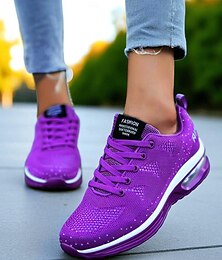 رخيصةأون -حذاء رياضي نسائي أرجواني اللون من Flyknit مزود بوسادة هوائية - حذاء جري قابل للتنفس للرياضة واللياقة البدنية والسفر والراحة اليومية