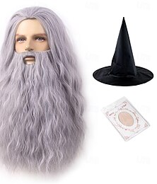 baratos -Fantasia de velho mago Gandalf, conjunto de barba e peruca Jesus, perucas falsas de cabelo sintético longo cinza, barbas de Halloween