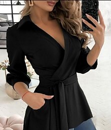 economico -Per donna Blusa Tinta unica Elegante Essenziale Casual Manica Lunga Scollo a V Top Regolari Quotidiano Allacciato Nero Bianco Fucsia Verde Estate Primavera Autunno