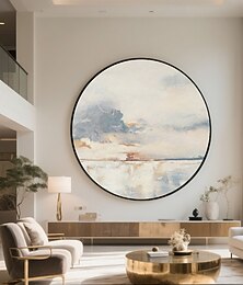 abordables -Peinture à l'huile circulaire faite à la main, paysage marin abstrait, nuages doux, ciel brumeux, reflet, coups de pinceau texturés 3D, bleu, blanc, gris, terre cuite, art mural moderne, prêt à