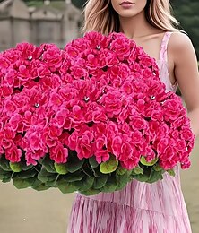 お買い得  -8束のUV耐性人工ゼラニウムの花、鮮やかなピンクの人工植物と緑、屋内屋外の家庭菜園の結婚式の装飾用