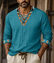 preiswerte -Herren Hemd Leinenhemd Wikinger-Stil Sommerhemd Strandhemd Einfarbig Urlaub Lässig Schwarz Weiß Grün Langarm V Ausschnitt Sommer Frühling Bekleidung Kordelzug