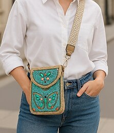 preiswerte -Umhängetasche mit Perlenbesatz für Damen mit buntem Schmetterlingsdesign, Bohème-Stil, lässige und Reise-Schultertasche für Damen, perfekt für Strand, Urlaub und Sommerausflüge