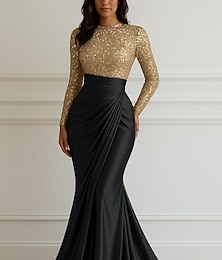 voordelige -Glinsterende Zeemeermin Avondjurk Elegante Jurk Formele Bruiloft Vloerlengte Lange Mouw Ronde Hals Moeder van de Bruid Jurk Rekbaar Satijn met Glitter Plooien