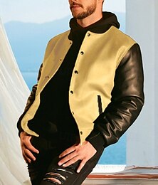 billiga -Herr Imitationsläderjacka Bikerjacka Varsity jacka Semester Dagligen Vindtät Färgblock Höst Vinter Färgblock Mode Klassisk Hög krage Normal Gul Marinblå Grön Jacka