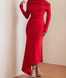 voordelige -Trompet / zeemeermin Asymmetrisch Tot de grond Cocktailjurken Galajurken Avondjurken Baljurk  Elegant Glitter Lange mouw Schouderafhangend Formeel Bruiloft Stretch crêpe met Ruches