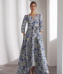 economico -abito jacquard floreale blu, abiti da cocktail a trapezio, abito lungo-corto, abito da gala formale con cravatta nera, manica a 3/4, scollo a V con tasca 2025