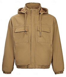 billige -Herre Trucker jakke Vinterfrakk Arbeidsjakke Hettejakke Arbeid Daglig Bærbar Lomme Med hette Vår Høst Vinter Helfarge Aktiv Årgang Normal Svart Kakifarget Militærgrønn Beige Jakker