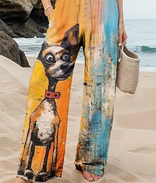economico -Per donna Gamba larga Chinos Pantaloni Larghi Vacanza Vintage Moda Lunghezza intera Vita Alta Grafico Animale Cane Stampa Morbido Traspirante Inelastico Formale All'aperto Vacanza Ametista Rosso