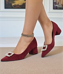 economico -décolleté da donna con tacco a blocco in pelle scamosciata bordeaux e fibbia in strass - eleganti scarpe eleganti in stile retrò per donna, ideali per ufficio, matrimoni e feste