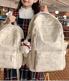 お買い得  -かわいいぬいぐるみキーホルダー付きの女性用ベージュプリントスクールバックパック。10代の女の子、大学、カジュアルな日常使いに最適な軽量大容量ブックバッグ。2つのサイズがあります。