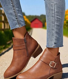 abordables -Botines marrones de piel sintética para mujer: botines de tacón bajo con hebilla y cremallera lateral para salidas de otoño, paseos por el campo y uso diario.