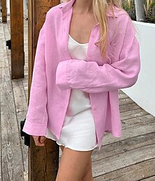 economico -Per donna Camicia Camicie di cotone e lino Semplice Quotidiano Elegante Essenziale Manica Lunga Colletto a Camicia Top Regolari Lavoro Quotidiano Ferie Bottoni Bianco Rosa Blu Estate Primavera