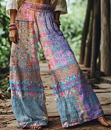 economico -Per donna Gamba larga Pantaloni Pantaloni Palazzo Moda Boho Lunghezza intera Vita Alta Fiore Elastico in vita Stampato Traspirabilità Confortevole Streetwear Abbigliamento quotidiano Uscire Blu