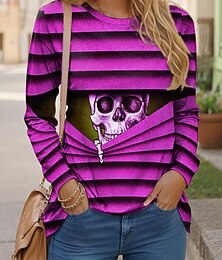 abordables -T-shirt pour femmes d'Halloween crânes à manches longues col ras du cou tunique graphique vintage élégant classique col rond tops réguliers quotidiens imprimé bleu fuchsia vert gris automne préautomne