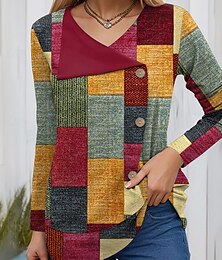 economico -Per donna Maglietta Grafico Geometrico Vintage Moda Elegante Manica Lunga Scollo a V Top Regolari Quotidiano Patchwork Bottoni Stampato Verde primavera Giallo Rosso Verde Primavera Autunno Inverno
