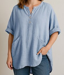 economico -Per donna Camicie di cotone e lino Semplice Elegante Moderno Manica 3/4 Scollo a V Top Regolari Quotidiano Ferie Tasca Bottoni Stampato Giallo Azzurro cielo Viola Cachi Estate Primavera Autunno