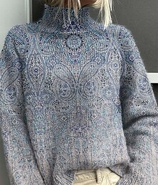 abordables -Femmes Pull Occasionnel Doux Paisley Côtelé Col roulé Tricoté Imprimé manche longue Hauts Réguliers Tricoter Extérieur Quotidien Week-end Bleu Kaki Automne Hiver