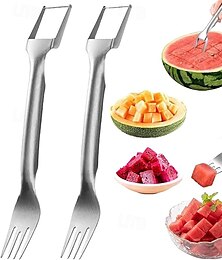 economico -Affettatrice per anguria 2 pezzi, affettatrice per frutta in acciaio inossidabile 2 in 1, 2025, forchetta per anguria a doppia testa, strumento per tagliare la frutta estiva, piccolo utensile da