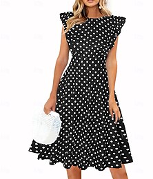 abordables -Mujer Vestido hasta la Rodilla Vestido ajustado y acampanado Elegante Vintage Ajuste regular A Lunares Manga Corta Cuello Barco En blanco y negro Verano Otoño
