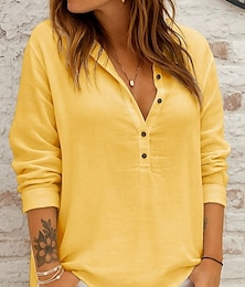 economico -Per donna Blusa Tinta unica Semplice Elegante Casual Manica Lunga Scollo a V Top Regolari Quotidiano Ferie Bianco Giallo Rosa Blu Primavera Autunno