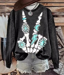 baratos -Mulheres Moletom Moletons Gráfico Caveiras Abstrato Moda Casual Manga Longa Gola Redonda Tops regulares Rua Dia a Dia Imprimir Preto Vinho Roxo Verde Primavera Outono Inverno