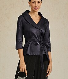 abordables -Mujer Blusa Tops de noche Color sólido Plano Elegante Metálico Moderno Manga 3/4 Escote en Pico Tops regulares Invitado a la boda Fiesta de Noche Semi-formal corbata frontal Negro Primavera, Otoño