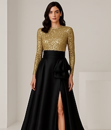 abordables -Corte A Vestidos de noche Elegante Vestido Formal Boda Hasta el Suelo Manga Larga Cuello Barco Vestido champán para madre de la novia Satén con Lazo(s) Abertura 2025