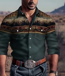 economico -Per uomo Montagna Camicia Western Camicia con Bottoni Camicia da cowboy Manica Lunga Western Vintage Retrò All'aperto Casuale Estate Primavera Autunno Collo ripiegato camicie con colletto Due tasche