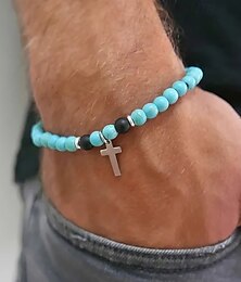 abordables -Pulsera de cuentas cruzadas de turquesa para hombre: diseño de aleación y turquesa, perfecta para un estilo casual y bohemio.